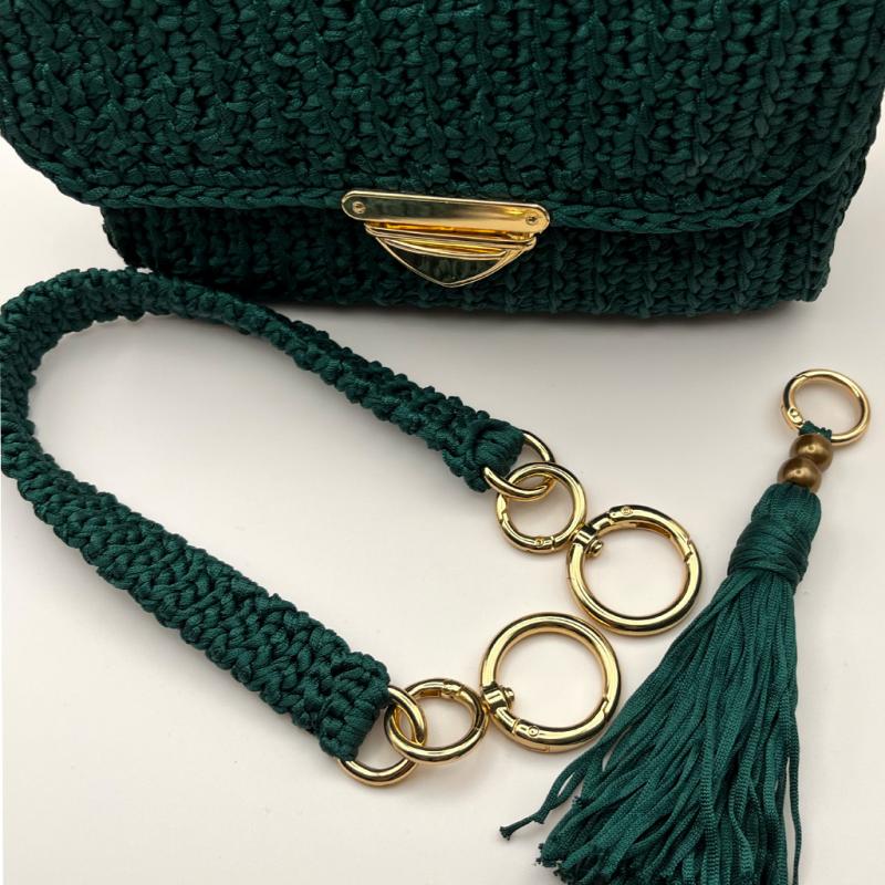 編みバッグショルダー 2way グリーンとゴールド金具 かぎ針編みバッグ