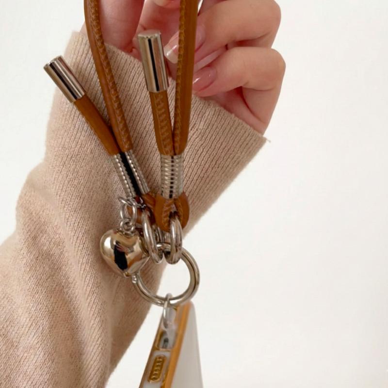 スマホストラップ レザーコードハンドストラップ ブラウンとシルバーパーツ