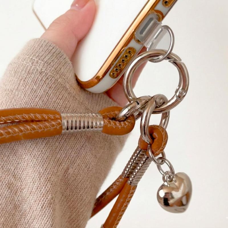 スマホストラップ レザーコードハンドストラップ ブラウンとシルバーパーツ