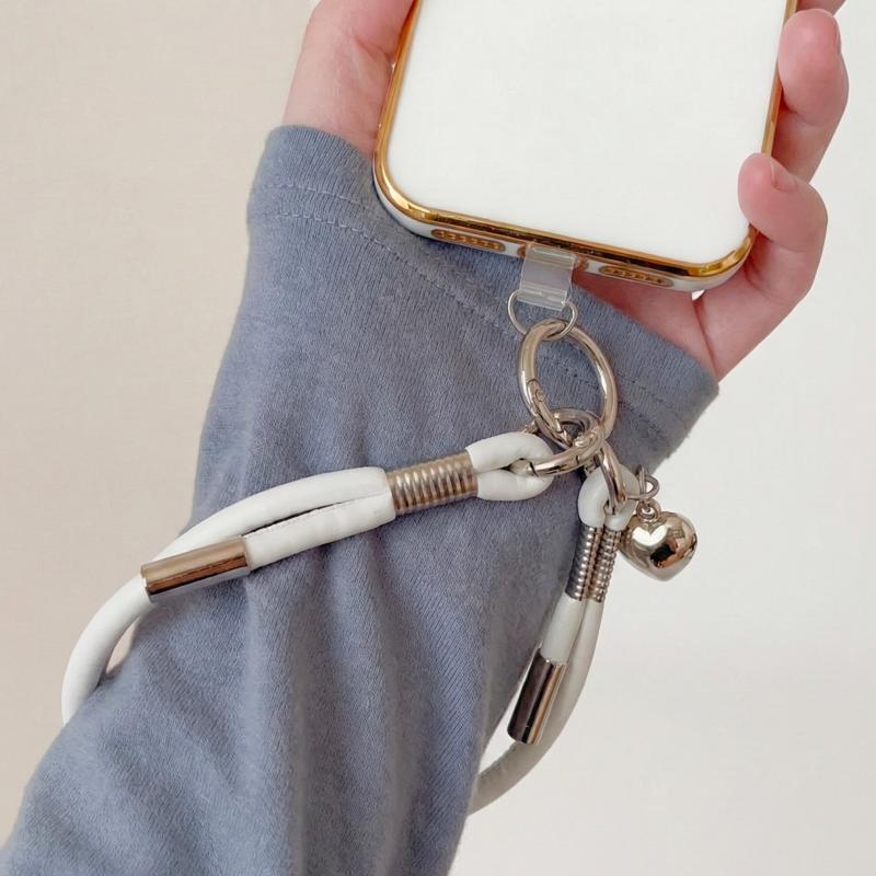 スマホストラップ レザーコードハンドストラップ ホワイトとシルバーパーツ