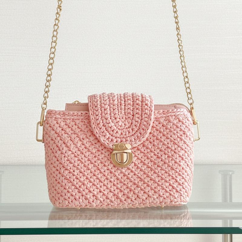 編みバッグ ショルダーバッグ パステルピンク かぎ編みバッグ ハンドメイド