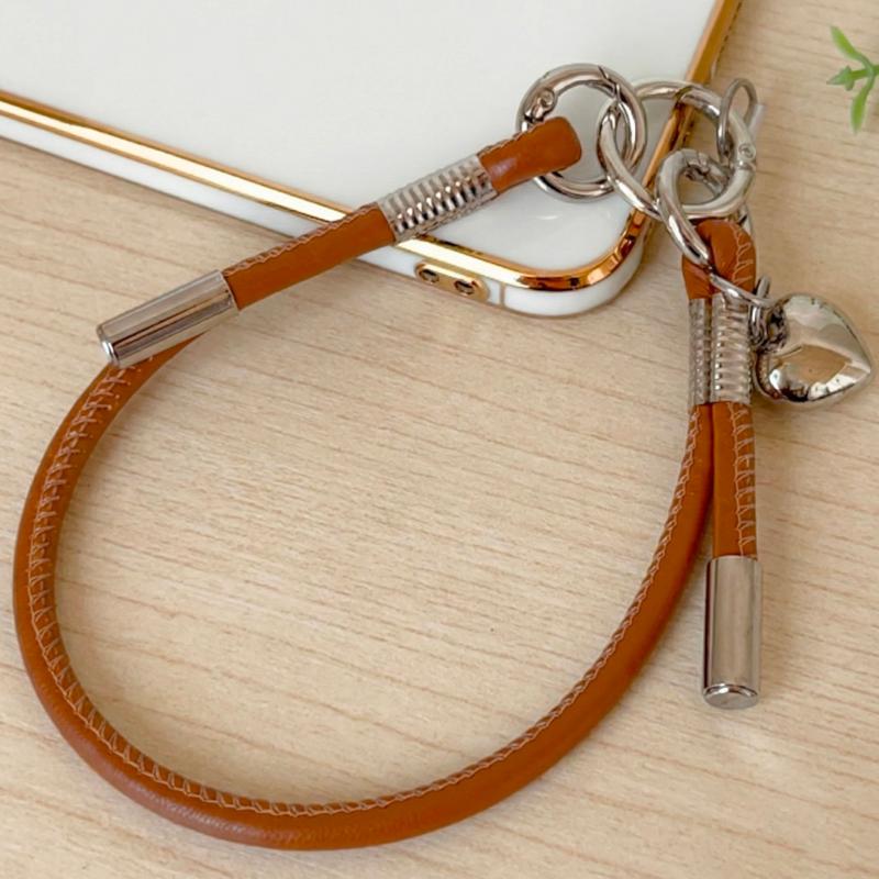 スマホストラップ レザーコードハンドストラップ ブラウンとシルバーパーツ